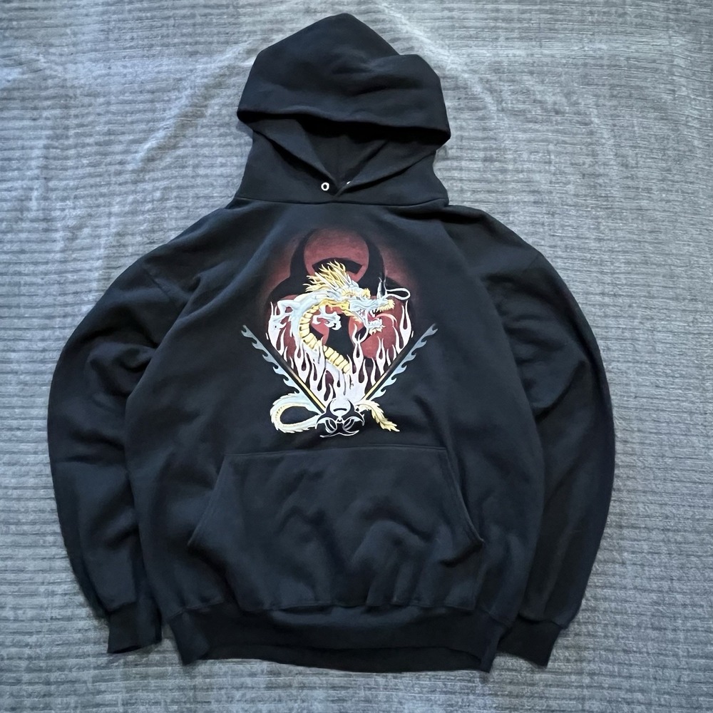 Y2K Hoodie Dragon with Flames Graphic Sweatshirt Skater Grunge Black Large